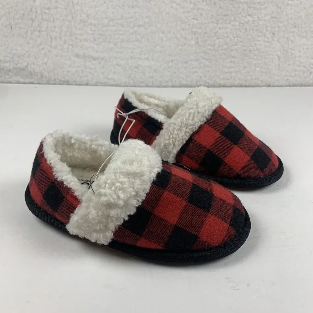Nordstrom Rack Faux Shearling‎ Slippers Kid's 11/12 Red Bloom Buffalo Plaid 8009